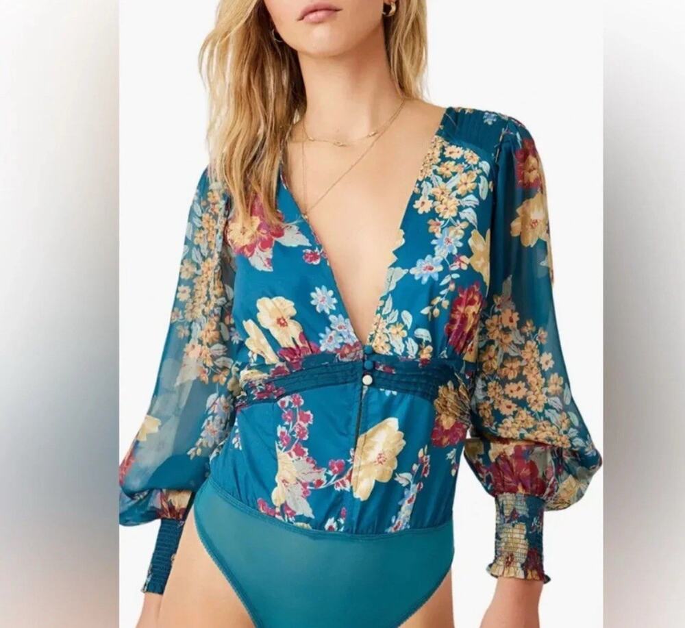intimately free people Bodysuit Top Blouse Teal Sz S Long sleeve